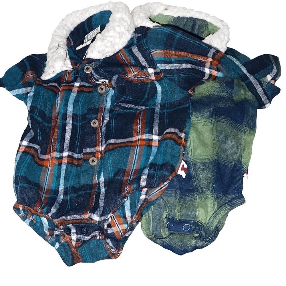 Plaid Long Sleeve Bodysuit Set Sherpa Collar Blue Green 3-6M